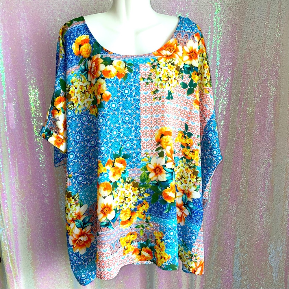 Umgee Size XL Boutique Floral Medallion Print Top Blouse Oversized Boho Festival